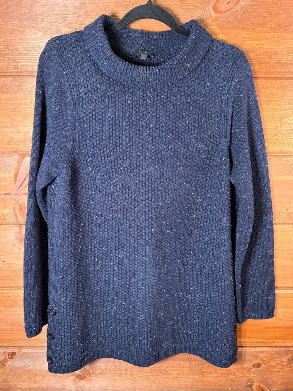Talbots Navy Flecked Crewneck Knit Tunic Sweater With Side Buttons Size Large 💙